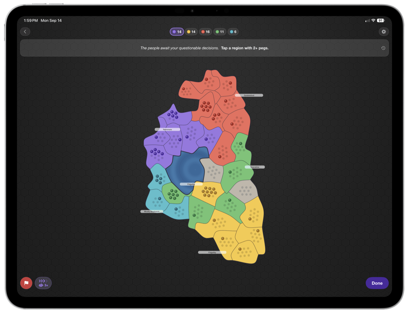 Screenshot of a tablet game showing a colorful segmented map on dark background.
