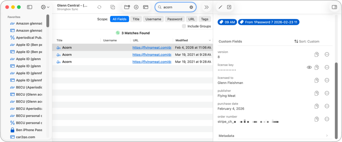 Screenshot of Strongbox showing a software license entry.