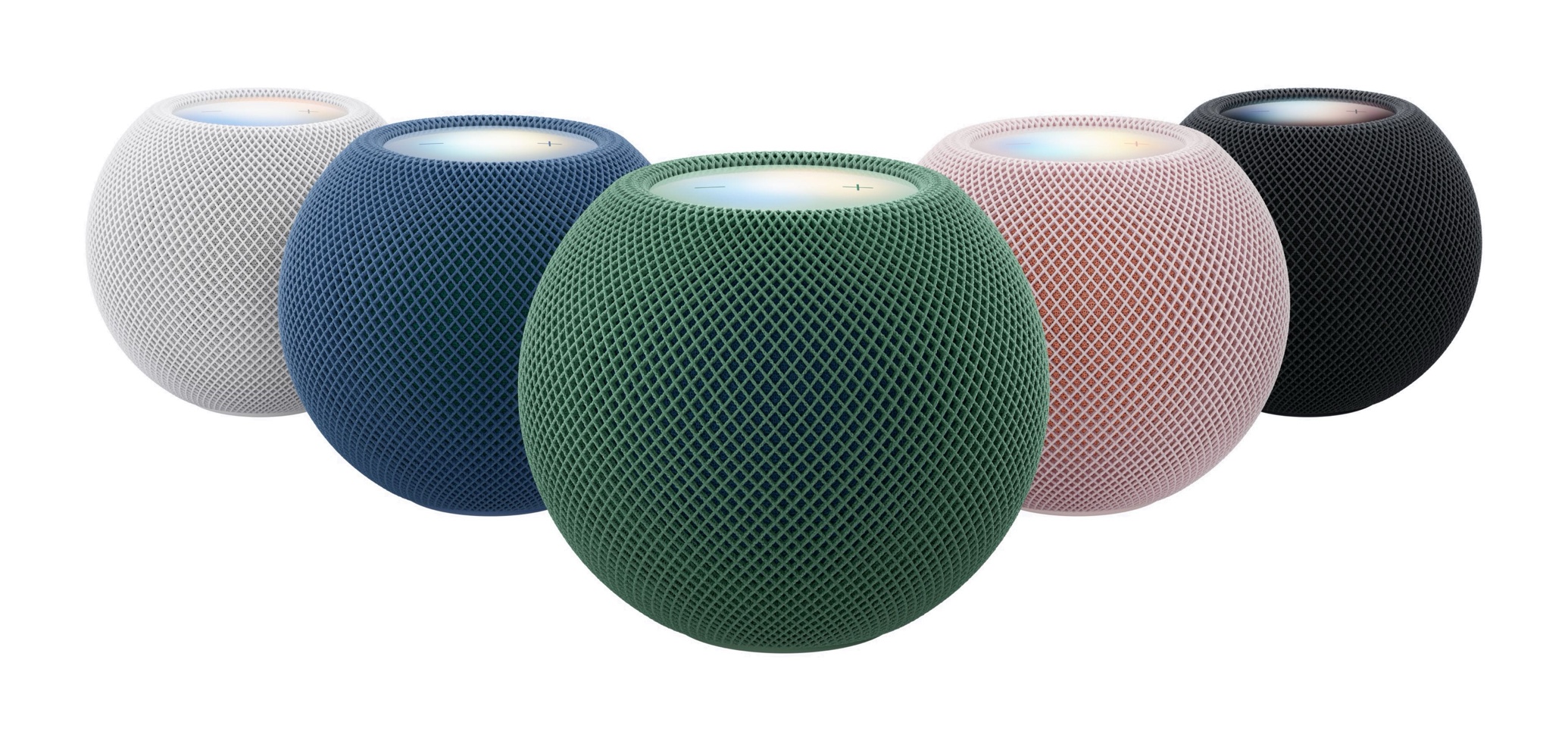 Five spherical HomePod mini speakers with mesh fabric in white, blue, green, pink, and black, arranged in a fan against a white background. Each has a glowing, multicolored touch surface on top with plus and minus icons.