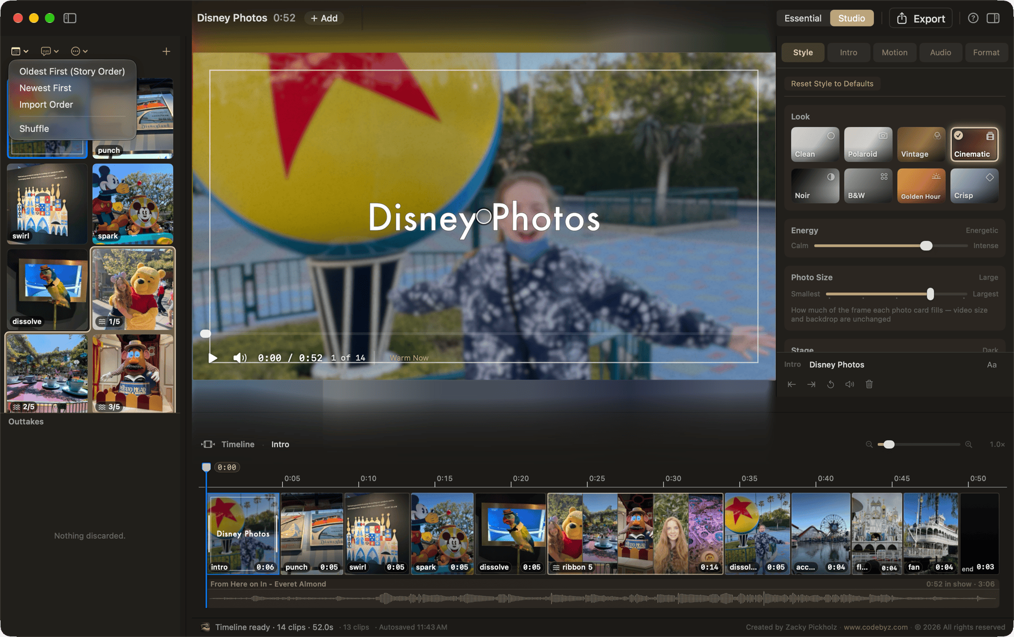 Screenshot of a video editing app showing a 'Disney Photos' project: a preview with title text over a Pixar ball photo, a Look panel (Clean, Polaroid, Vintage, Cinematic, Noir, B&W, Golden Hour, Crisp), photo thumbnails at left, and a timeline of 14 clips below.