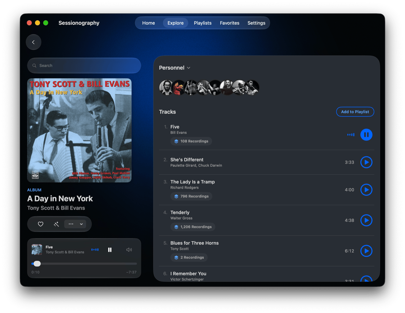 Sessionography app showing Tony Scott & Bill Evans album “A Day in New York” with track list including “Five”, “She’s Different”, “The Lady is a Tramp”, “Tenderly”, “Blues for Three Horns”, “I Remember You”.