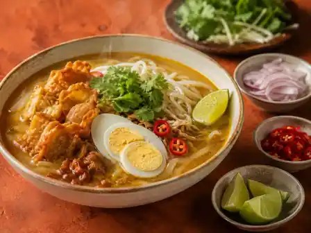 Authentic Myanmar mohinga fish noodle soup with egg, herbs, lime and crisp fritters