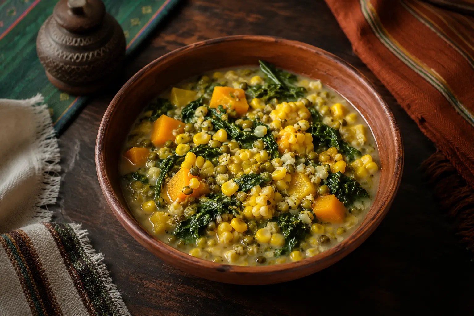 Traditional Timorese batar da’an stew with corn, mung beans, pumpkin and leafy greens