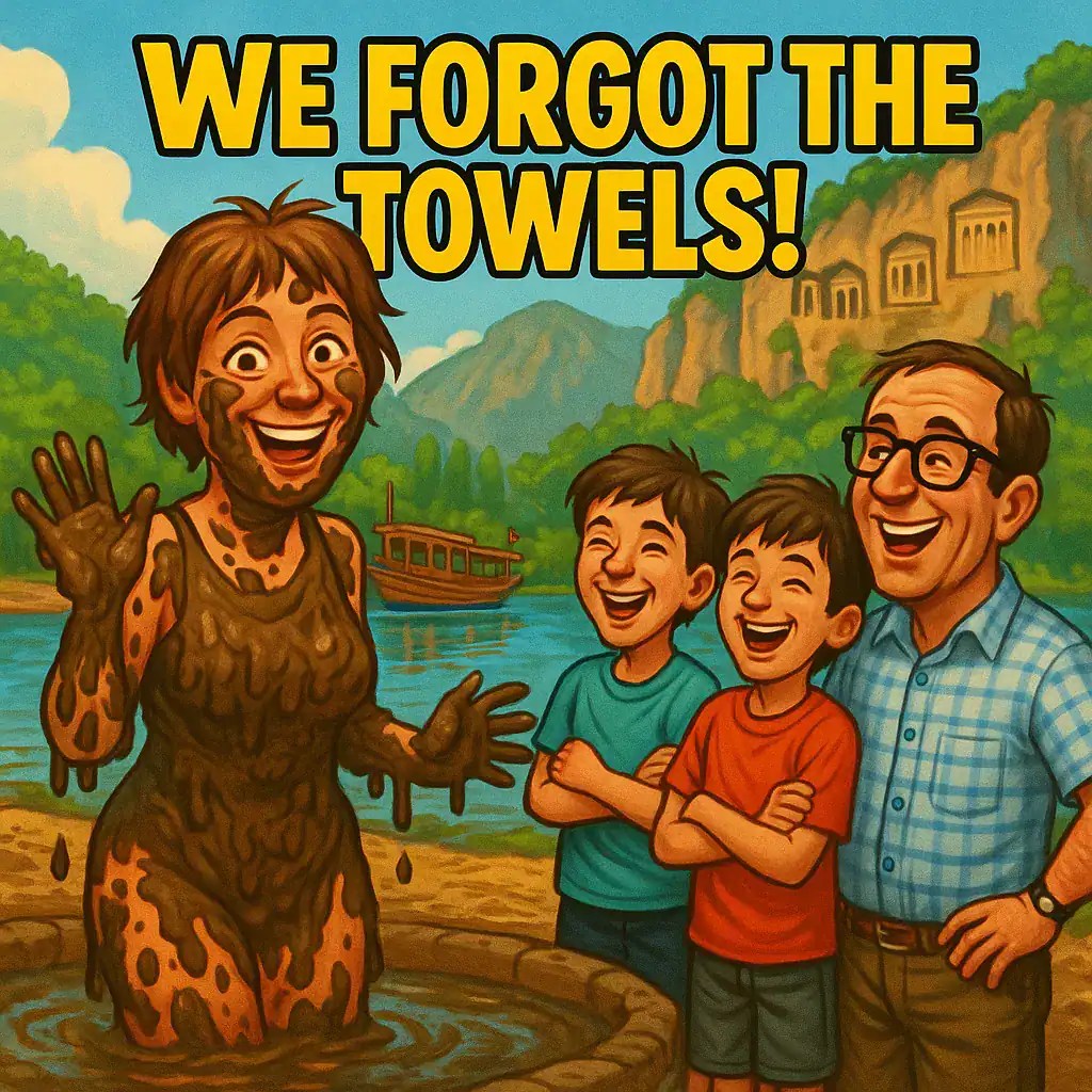 Elaine taking a mudbath with the family watching