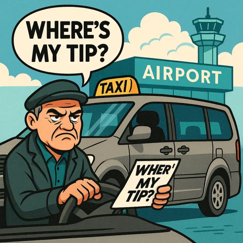 Grumpy taxi driver leaving the airport