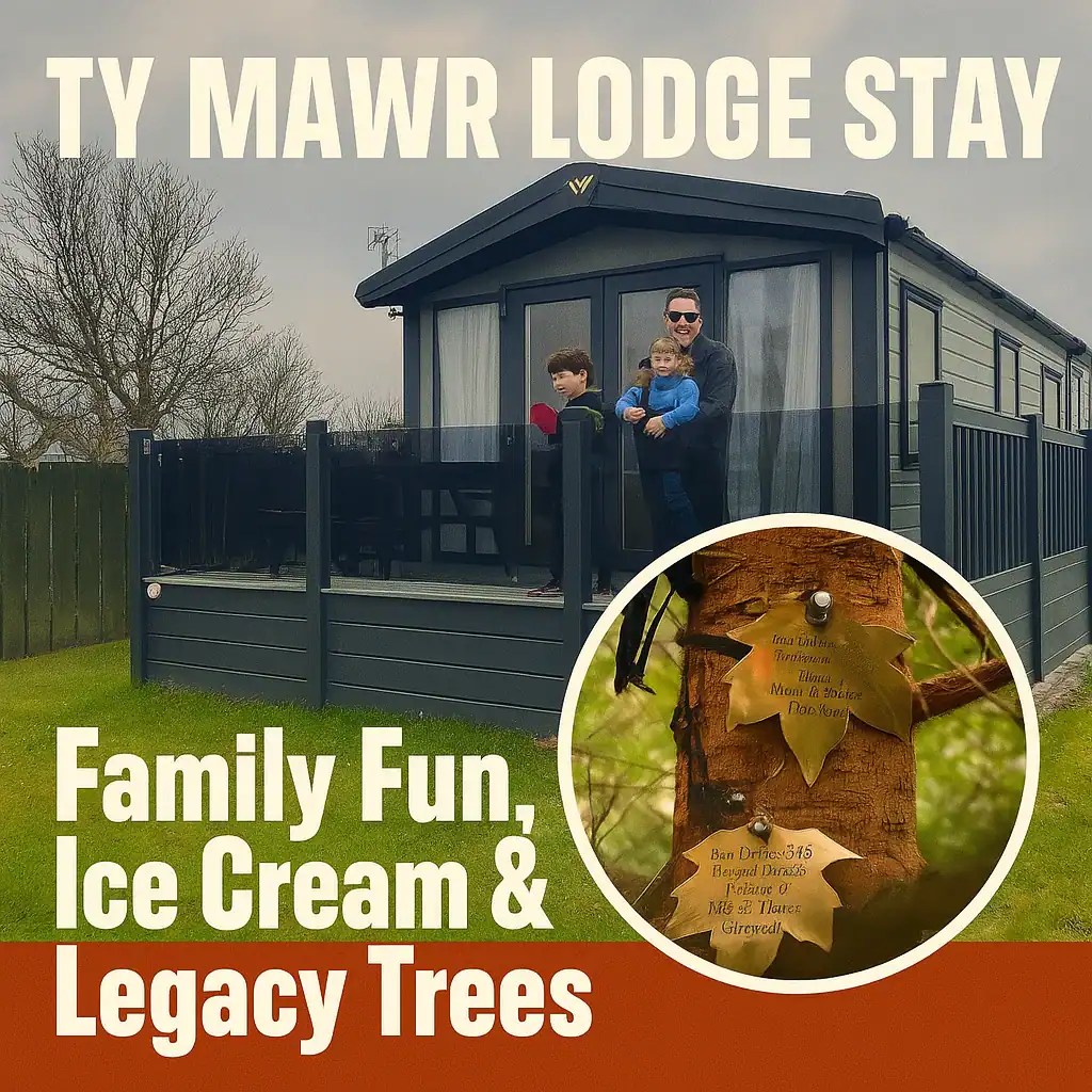 Mike and the boys on balcony of lodge with the plaques of the trees inset