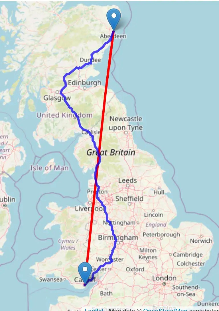 Map showing the distance from Cardiff to Aberdeen equal to one million steps challenge