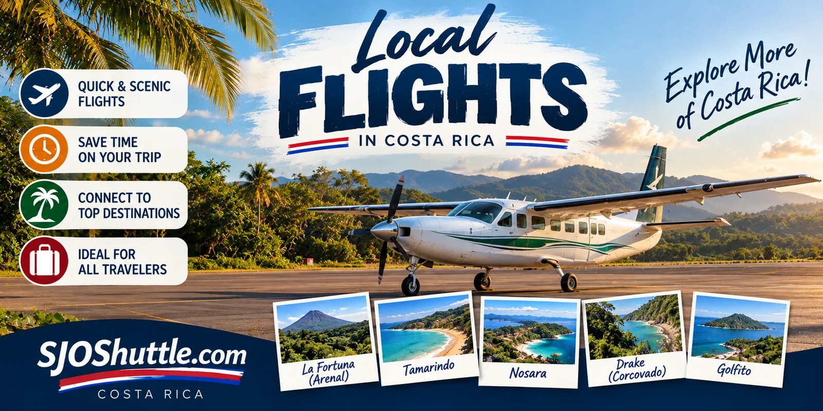 Local flights in Costa Rica to La Fortuna, Tamarindo, Nosara, Drake Bay, and Golfito with SJOShuttle.com