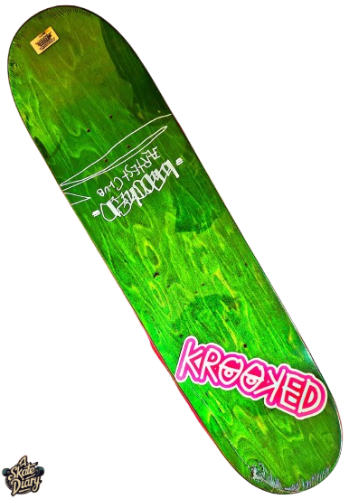 Krooked skateboard deck with hand-drawn black and white graphic artwork