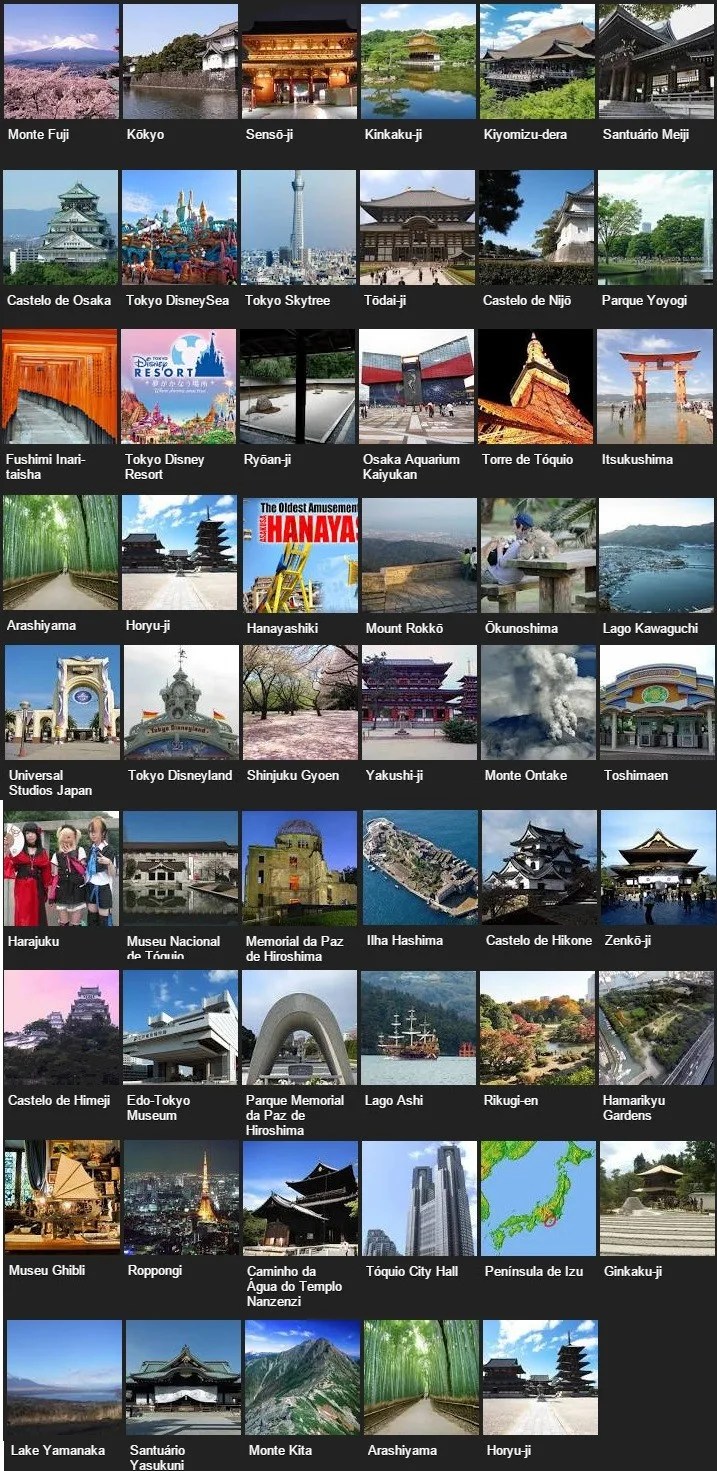 Os 50 mais populares pontos turísticos do Japão