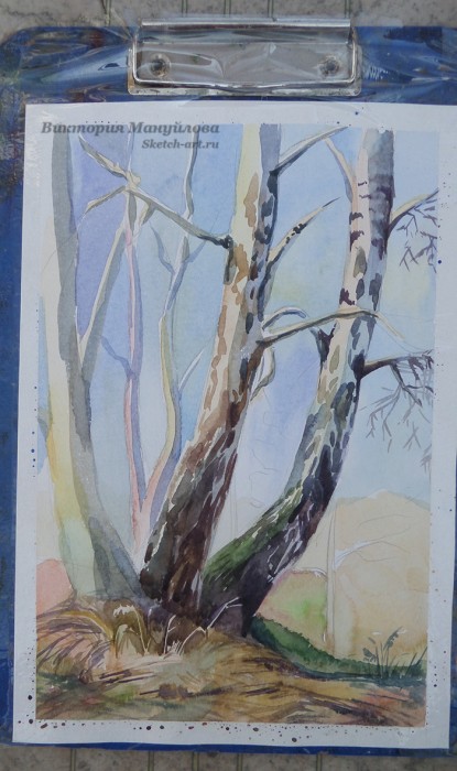 как рисовать березу акварелью