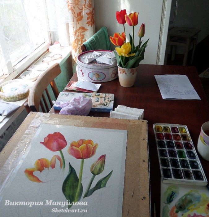 как нарисовать тюльпан акварелью