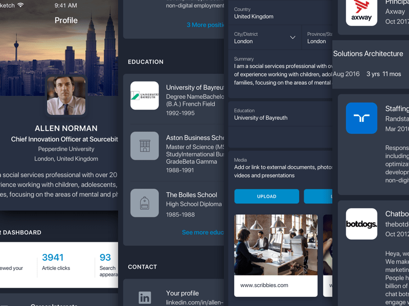 A useful linkedin profile mockup crafted with photoshop that you can use as a preview tool to check how the page would look like after adding the avatar and . Linkedin Profile Dark Theme Sketch Freebie Download Free Resource For Sketch Sketch App Sources