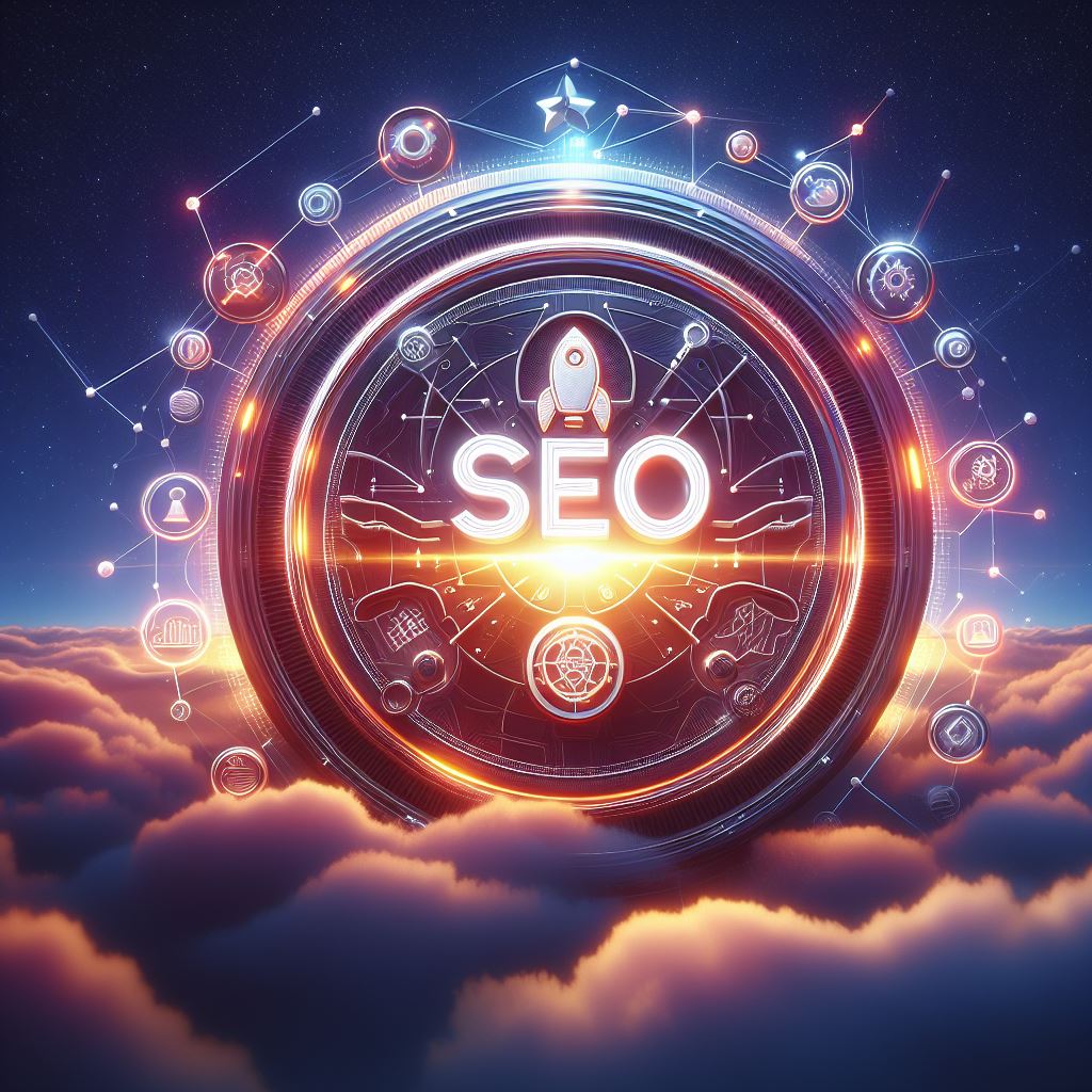 Ranking SEO A rocket launching from a blue circle with the word "SEO" in the center, on a blue background.