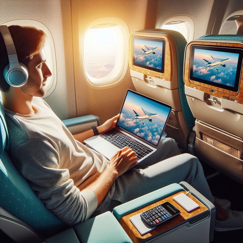 A passenger relaxing in a comfortable Etihad Airways seat, enjoying in-flight entertainment on a personal screen while using their laptop with Wi-Fi access.