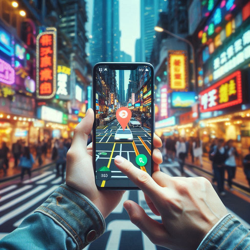 A person using Google Maps AR to find a parking space in a crowded city.