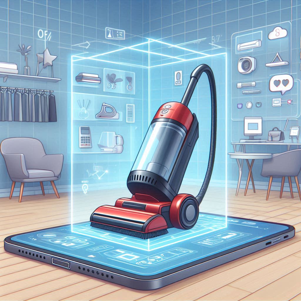 Illustration of a virtual product visualization for an augmented reality vacuum cleaner, demonstrating AR's role in enhancing shopping experiences.
