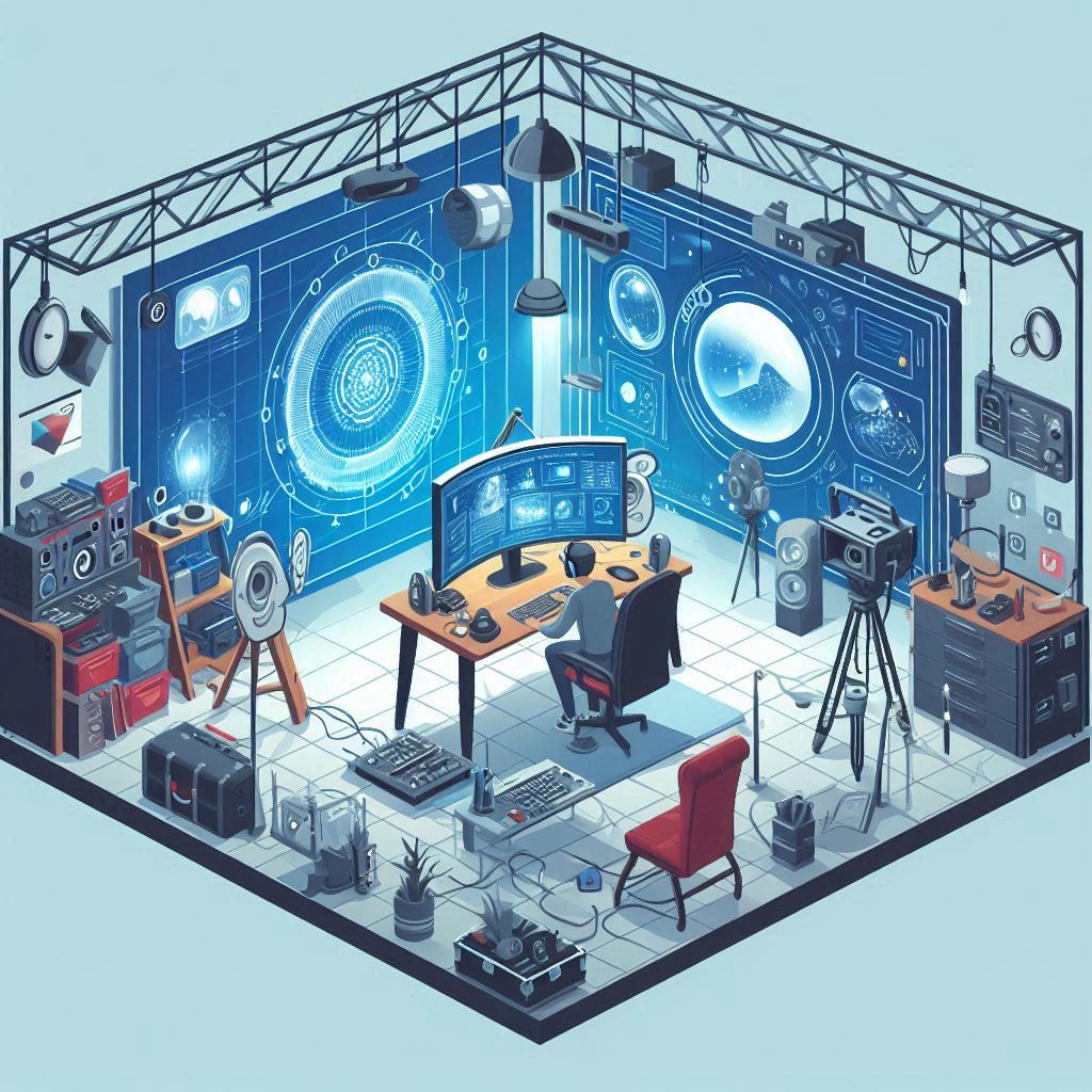 Illustration of an augmented reality studio setup, where developers create immersive AR experiences for various platforms