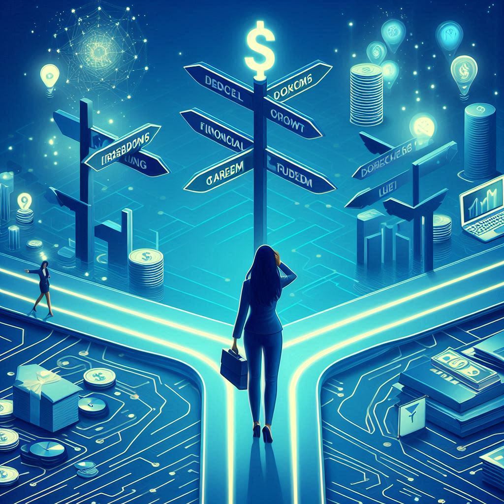A person standing at a crossroads with multiple paths leading to different forms of success: personal growth, financial freedom, and career achievement. what is success to you