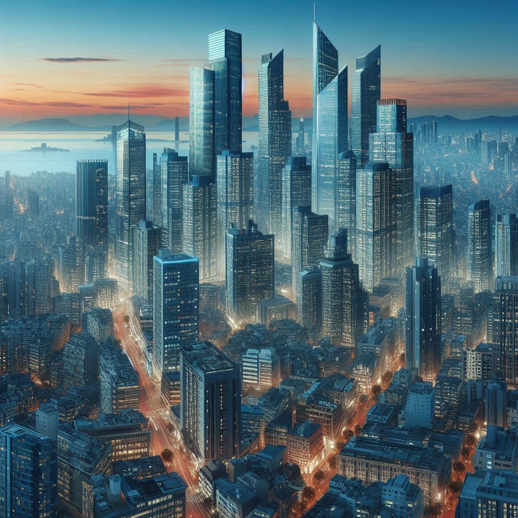 A city skyline with towering buildings, symbolizing career success and professional achievement. what is success to you