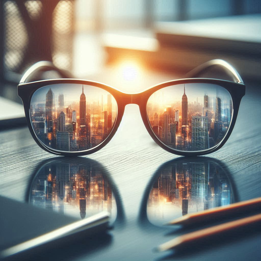 A pair of glasses placed on a desk, with a reflection of a bright cityscape in the lenses, symbolizing clarity and vision in the journey to success.
