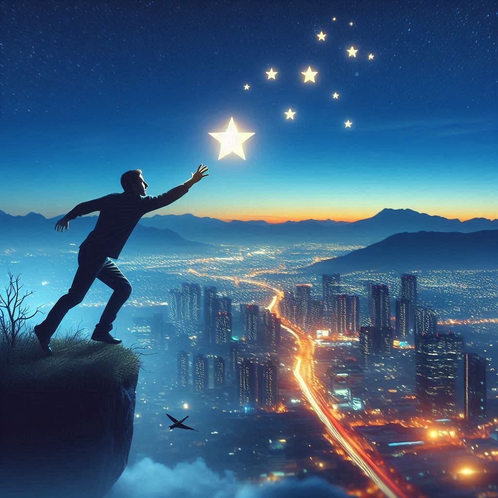 A person reaching out to catch a star, symbolizing the pursuit of dreams and aspirations in the journey to success.what is success to you