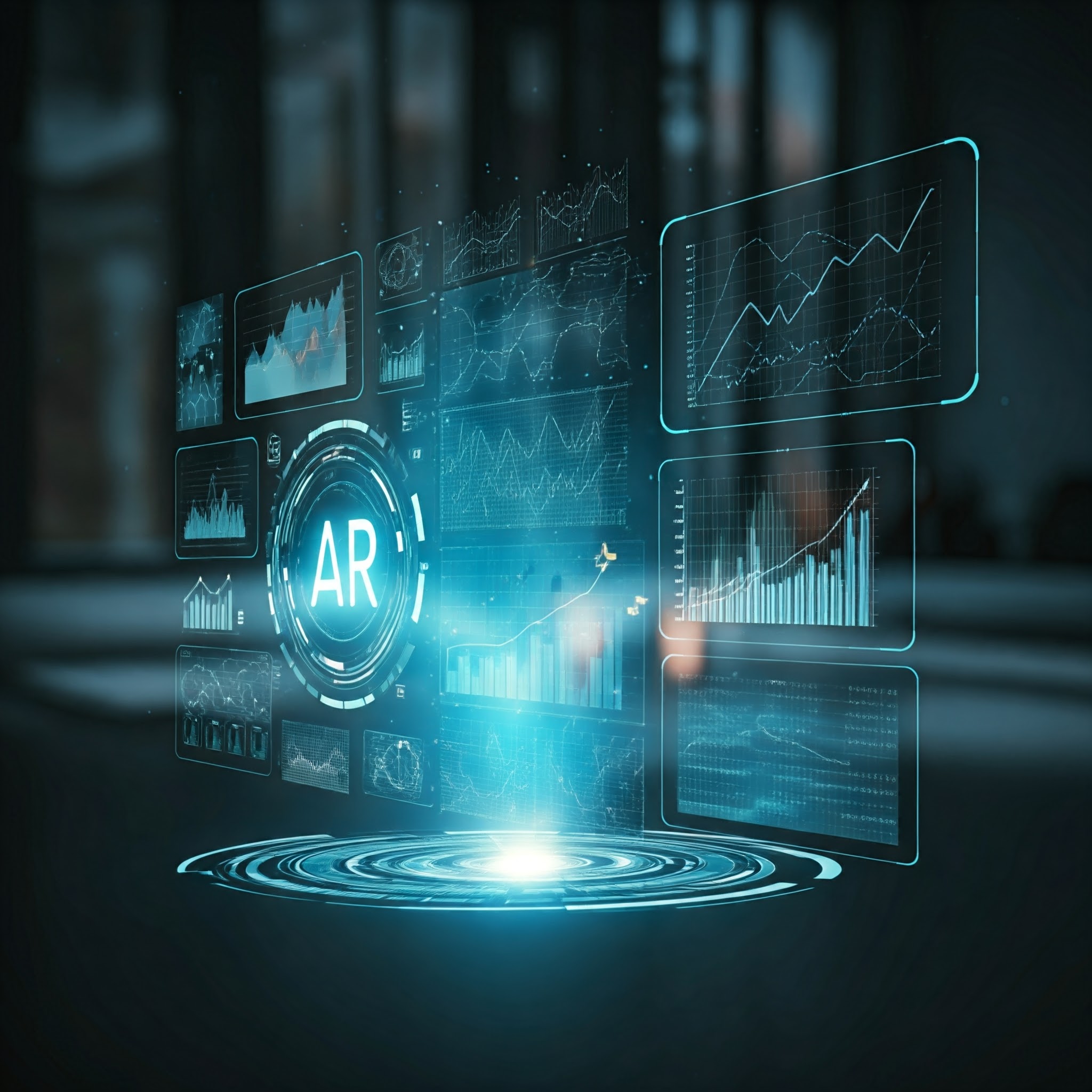 A futuristic representation of the AR market growth, showing holographic data charts and immersive technology icons in a modern workspace.