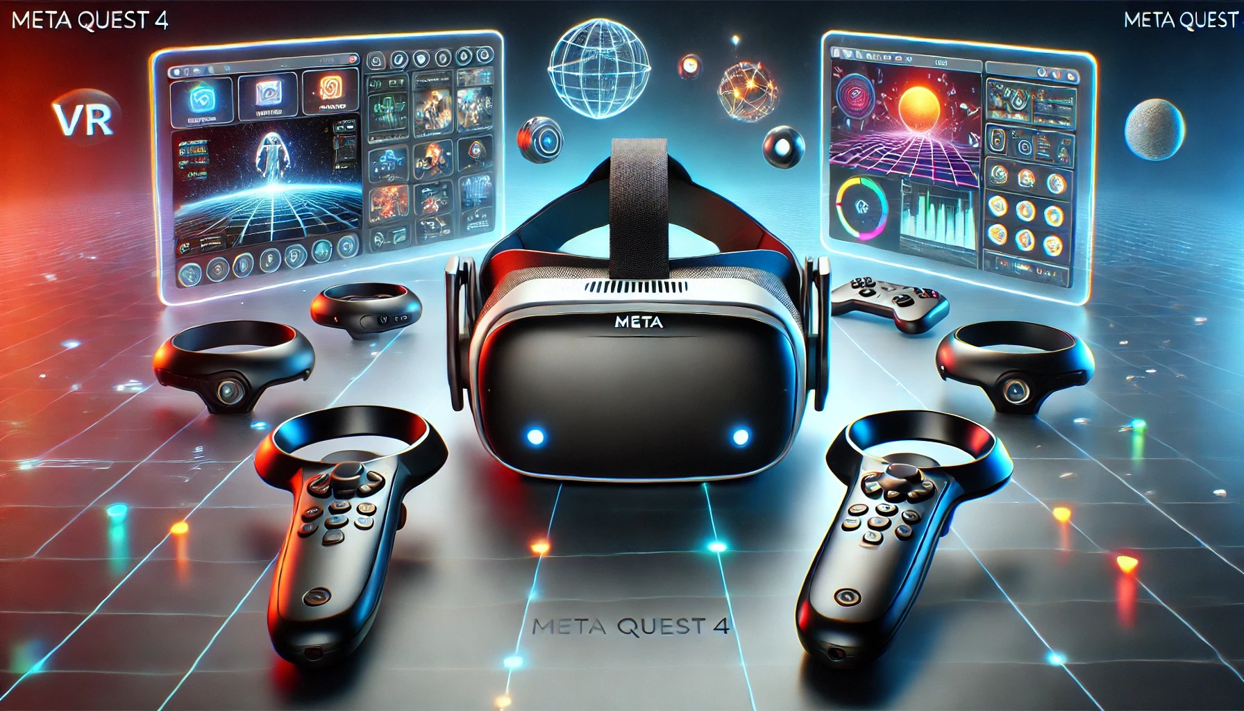 High-resolution visual of the Meta Quest 4 VR headset showcasing its sleek design with controllers, screen, and built-in sensors. The background features a vibrant virtual reality environment highlighting its gaming, productivity, and entertainment capabilities. The Meta Quest 4 is centered in the image, emphasizing its advanced features and immersive experience.