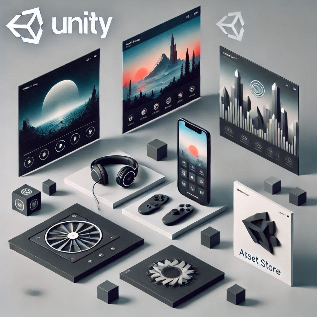 minimalist visual showcasing asset store unity, the six Unity Asset Store products, aligned with a clean and professional design aesthetic.