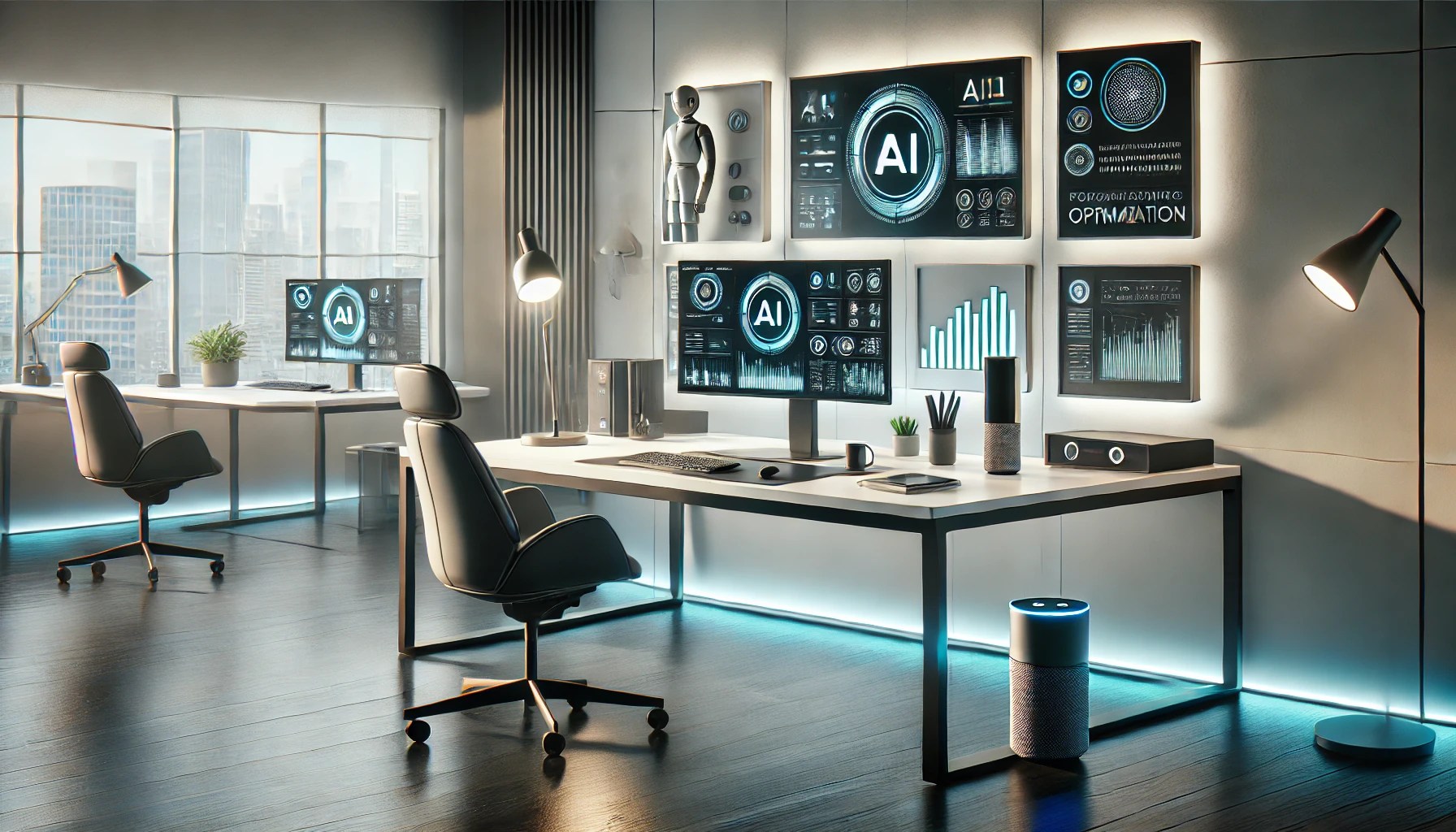 A modern digital workspace where AI tools are actively optimizing workflow, with subtle touches of technology around the desk that hint at AI-driven operations.