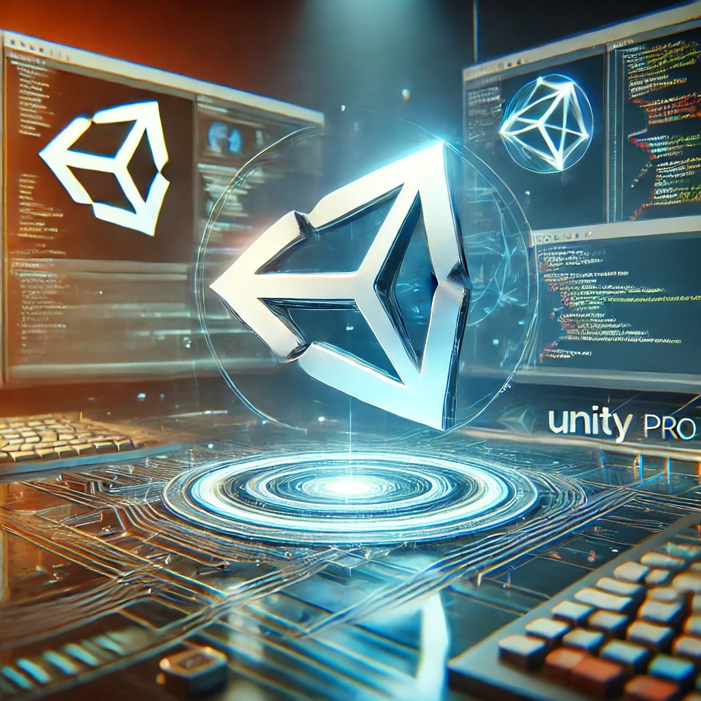 feature image for the Unity Pro License blog. It visually represents the premium experience of Unity Pro, featuring a futuristic workspace, coding elements, and a high-tech 3D Unity logo.