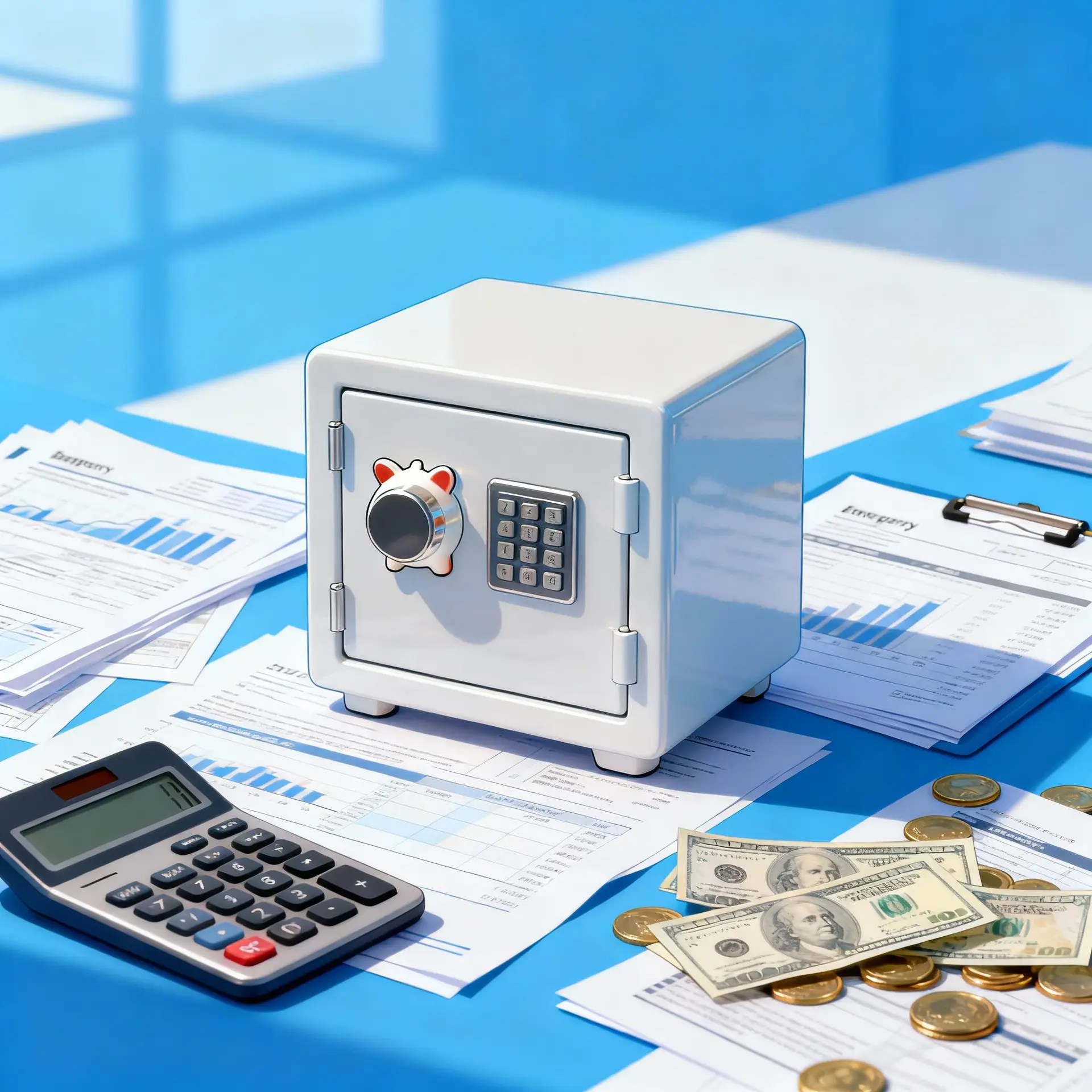 Piggy bank surrounded by financial documents, calculator and coins, symbolizing emergency fund investment and financial security