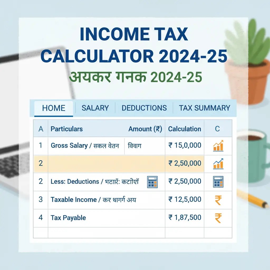 Income Tax Calculator 2024-25 Excel sheet with Indian rupee symbols and Hindi-English text