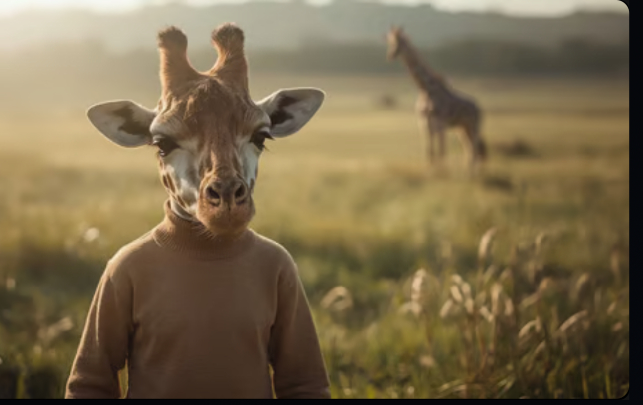 A child with the realistic head of a giraffe stands in a sunlit field, wearing a brown turtleneck sweater. A giraffe is blurred in the background. The image is surreal, whimsical, and reflective.