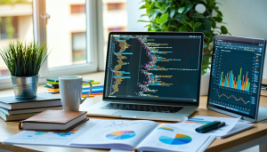 Computer screens displaying Python code and data visualizations for data processing and analysis