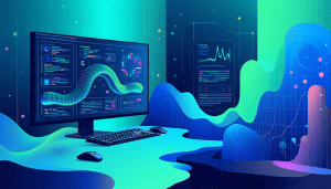 Abstract data science visualization with code, graphs, and machine learning models displayed on a computer interface.