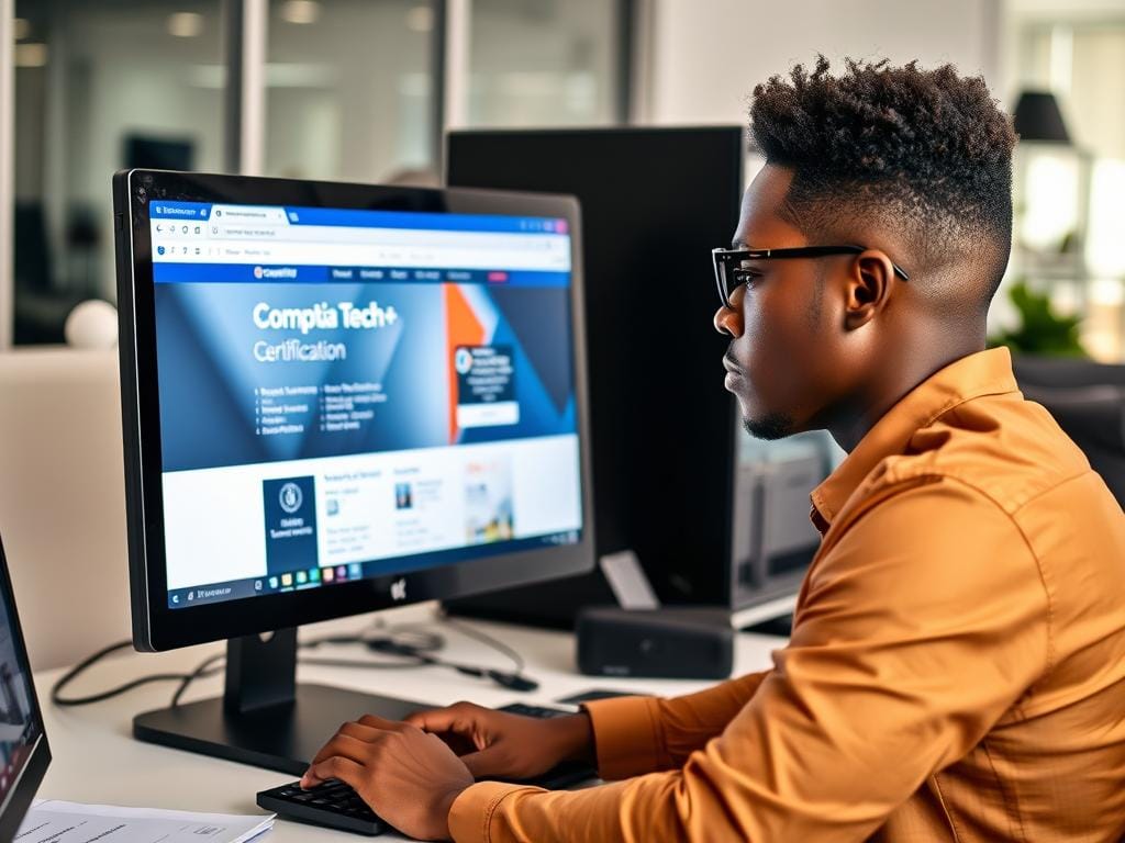 Person researching CompTIA Tech+ certification information on computer