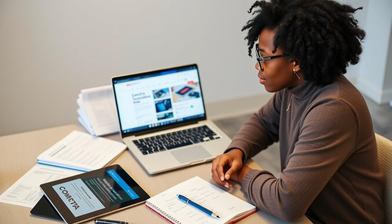 Student preparing for CompTIA Tech+ certification with study materials