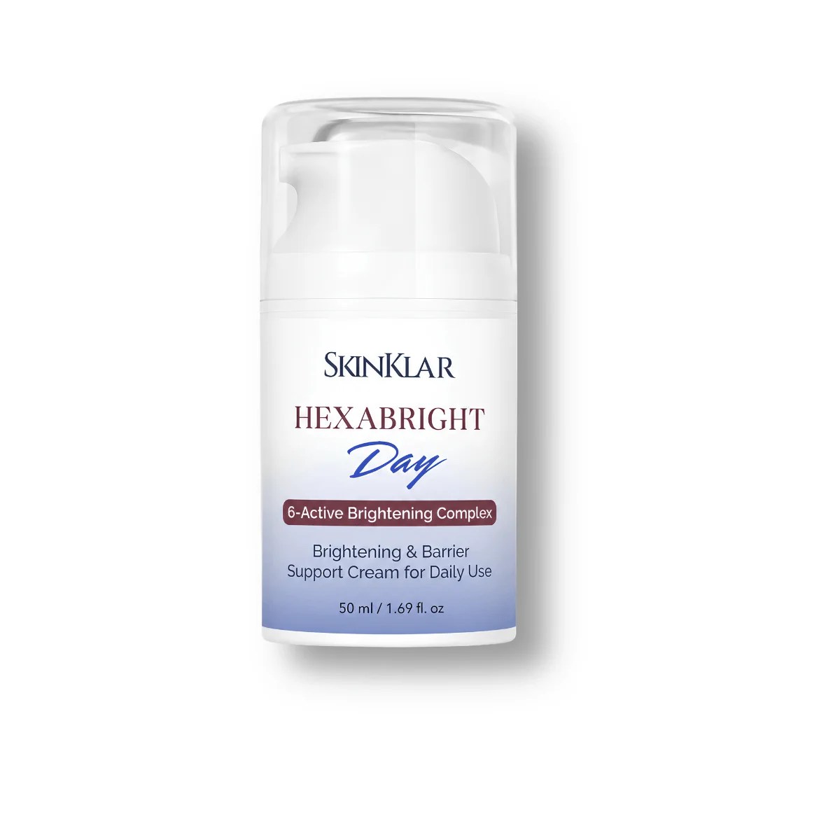 Skinklar HexaBright Day face cream airless pump bottle with Azelaic Acid, Tranexamic Acid, and Niacinamide for morning skin brightening