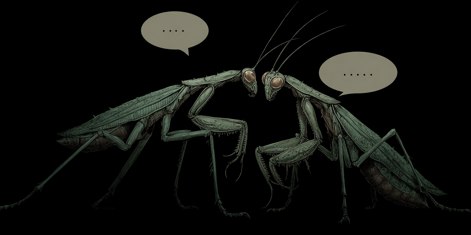 Two mantises exchanging secrets and hints.