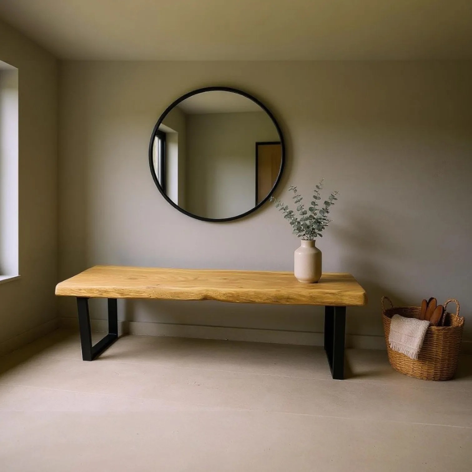 Banco industrial en roble con cantos naturales