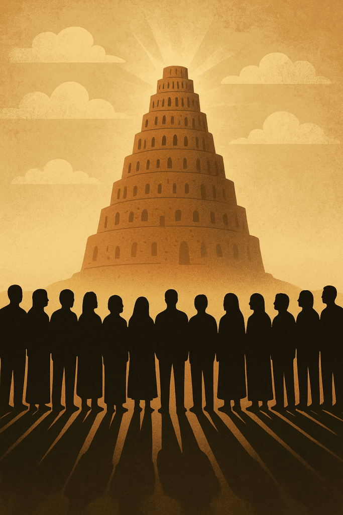 Tower of Babel Reimagined – Unity and Divine Test Illustration Silhouettes of people united under a glowing tower of light, symbolizing the Tower of Babel and global unity"