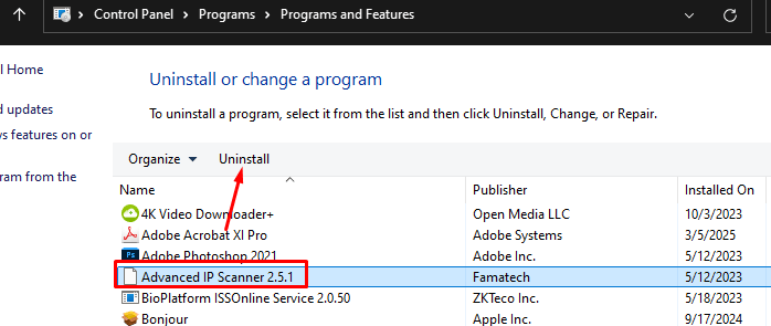 Cannot Uninstall Advanced IP Scanner from Control Panel