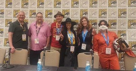 Star Warsologies presents "Star Wars: Andor - From Resistance to Rebellion" panel at San Diego Comic-Con 2025. left to right: Robert Dagnall, Desmond Hassing, moderator James Floyd, Drea Letamendi, Jendia Gammon, Catherine Hicks