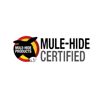 Logo featuring a black mule's head inside a yellow and red circle with the words "MULE-HIDE PRODUCTS" and large text to the right that says "MULE-HIDE CERTIFIED"—a trusted name in Bastrop roofing and roof leak solutions.