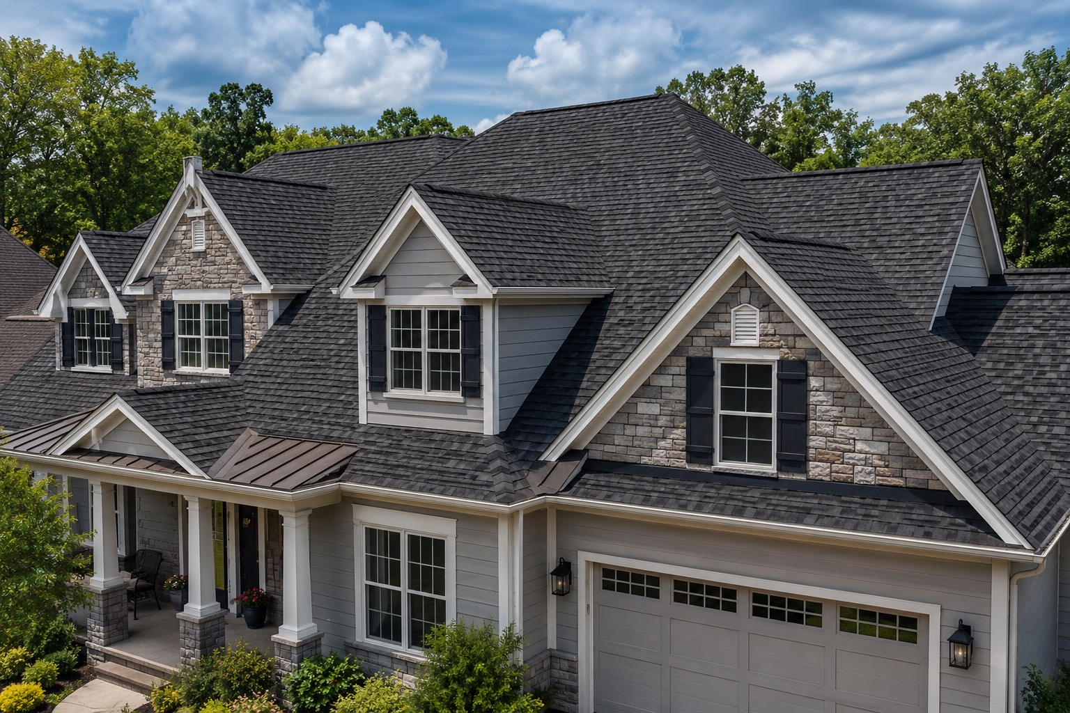 Two-story Central Texas home with a new shingle roof and stone accents by Skywall Construction