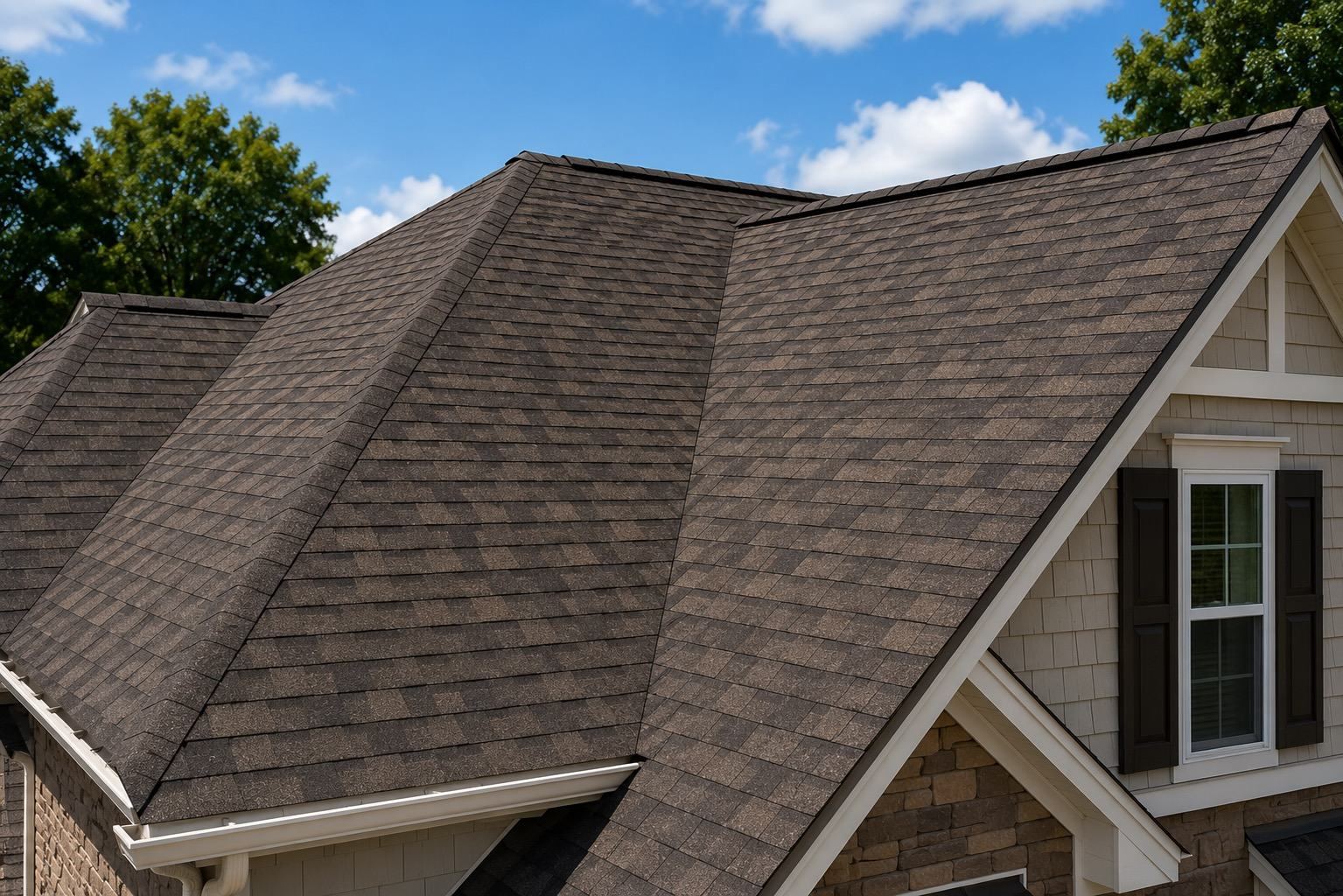 Roof with shingles under blue sky