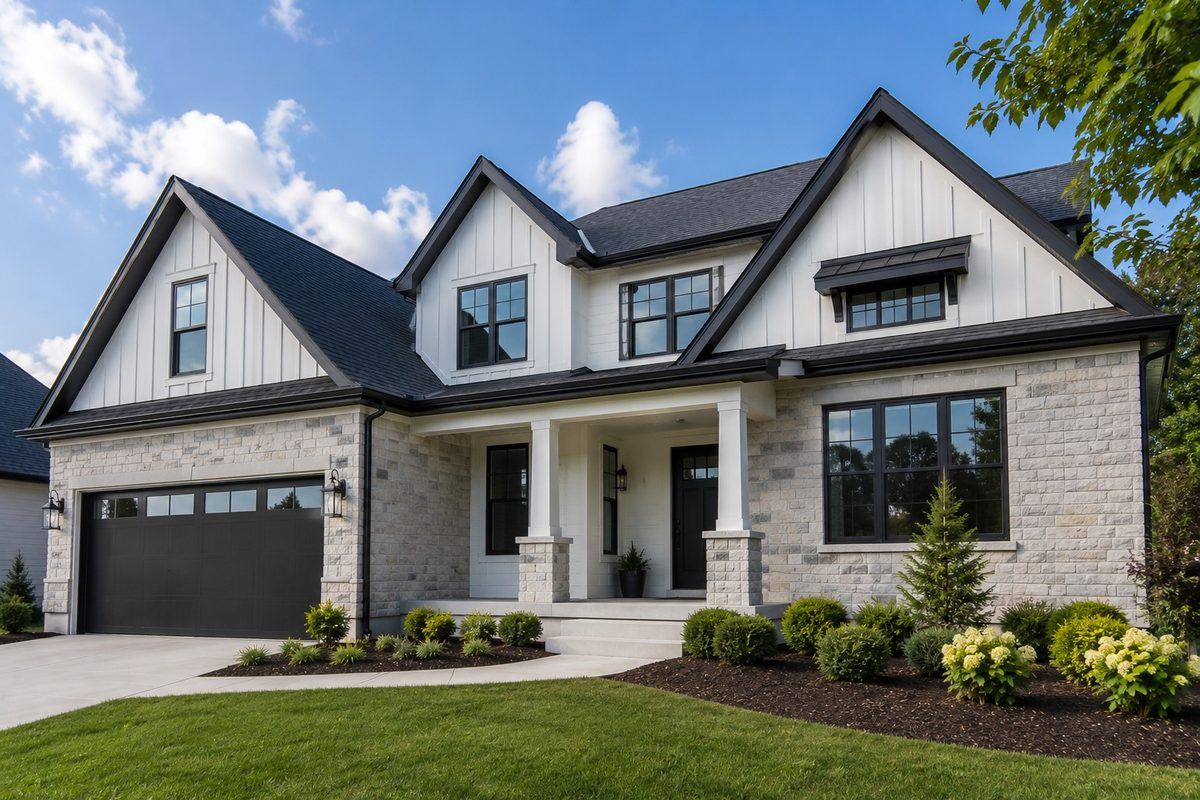 White brick home with a dark shingle roof and three front gables