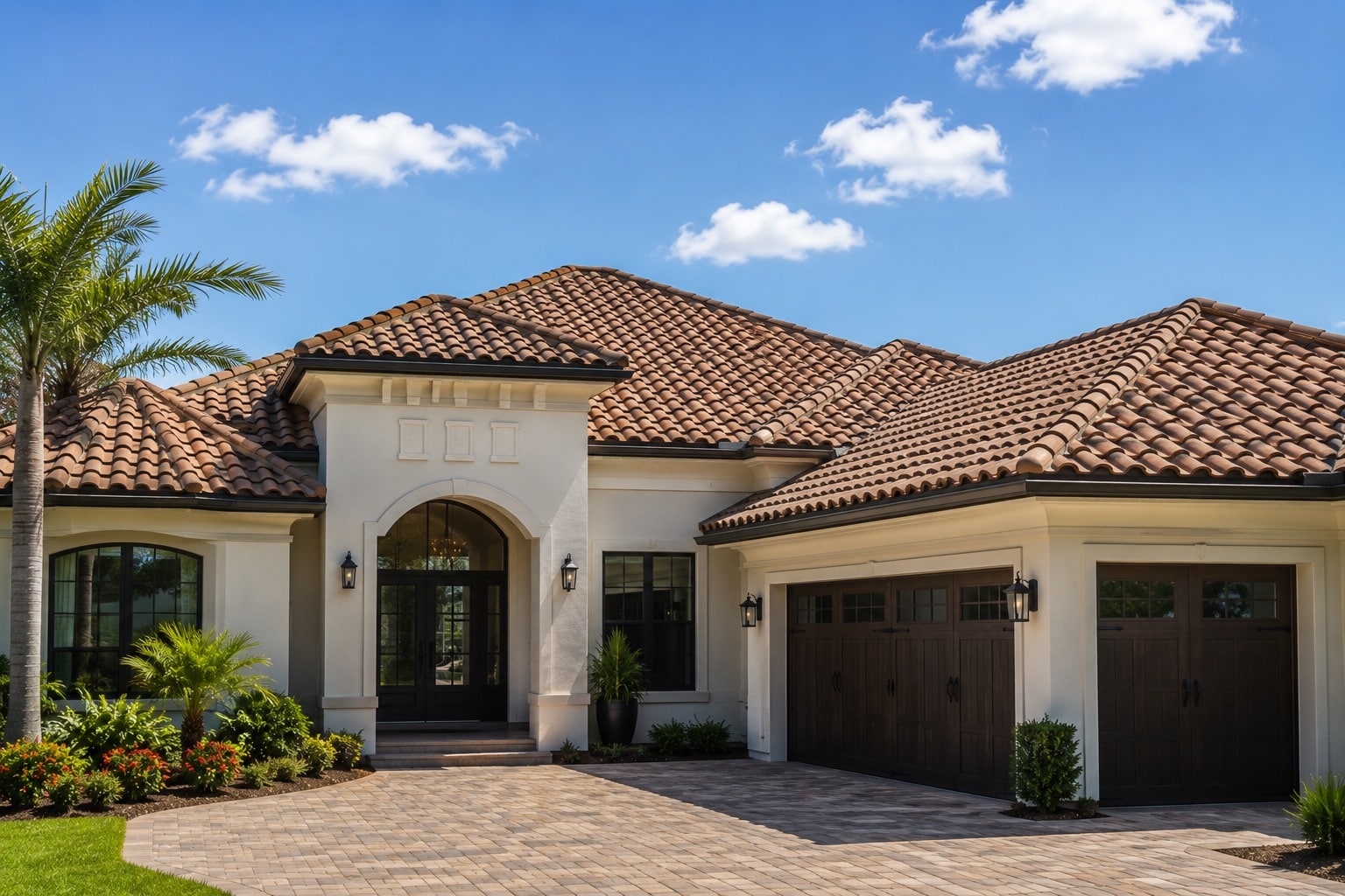 Spanish-style home with a clay tile roof installed by Skywall Construction