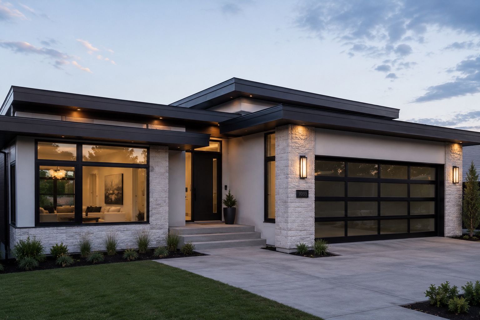 Modern single-story home with a new roof at dusk by Skywall Construction